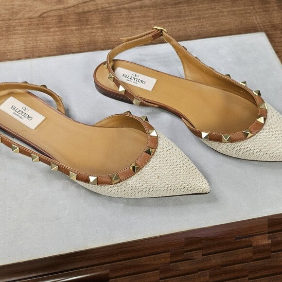 Valentino Garavani White and Brown Studded Flats - Picture 3 of 5